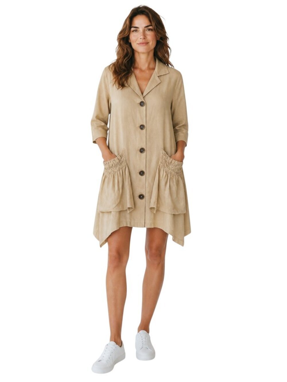 ForCynthia Linen Blend Tan Button Front Smocked Pocket Dress